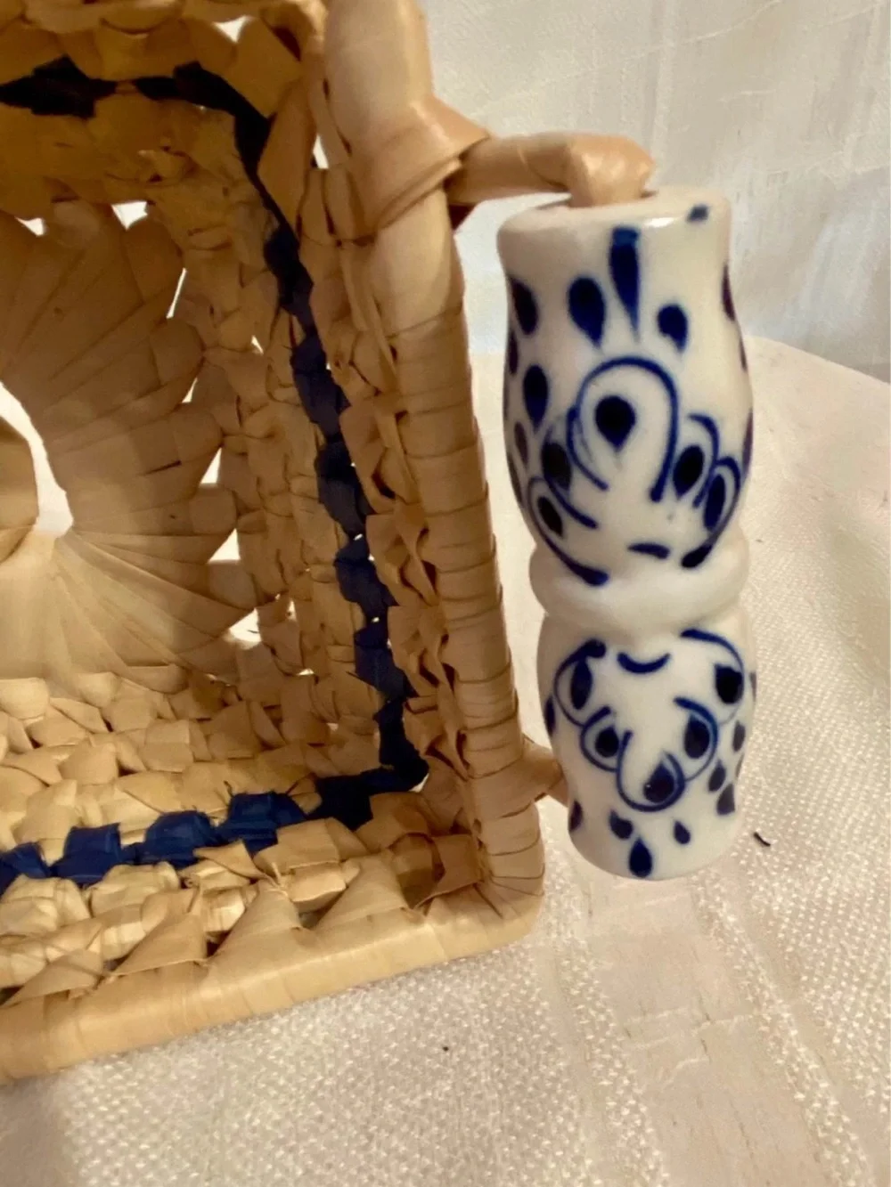 Title Vintage Blue White Chinoiserie Woven Bread Basket Ceramic Handles
